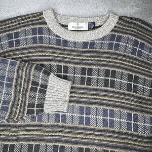 Vintage Bill Blass Sweater Mens Extra Large Blue Tan Grandpa 3D Textured Retro